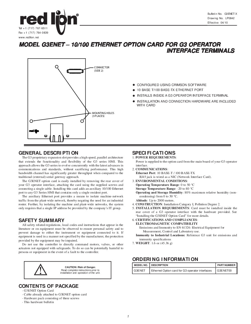 First Page Image of G3ENET00 Red Lion G3ENET Ethernet Option Card Manual G3ENET-X.pdf